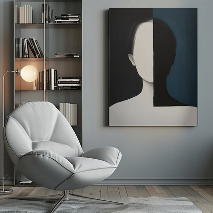 A modern art painting of a faceless person from the chest up, split vertically down the center. The left side features the figure in off-white against a solid black background, while the right side shows the figure as a black silhouette against a dark teal background, creating a strong contrast of light and shadow. Wall Art