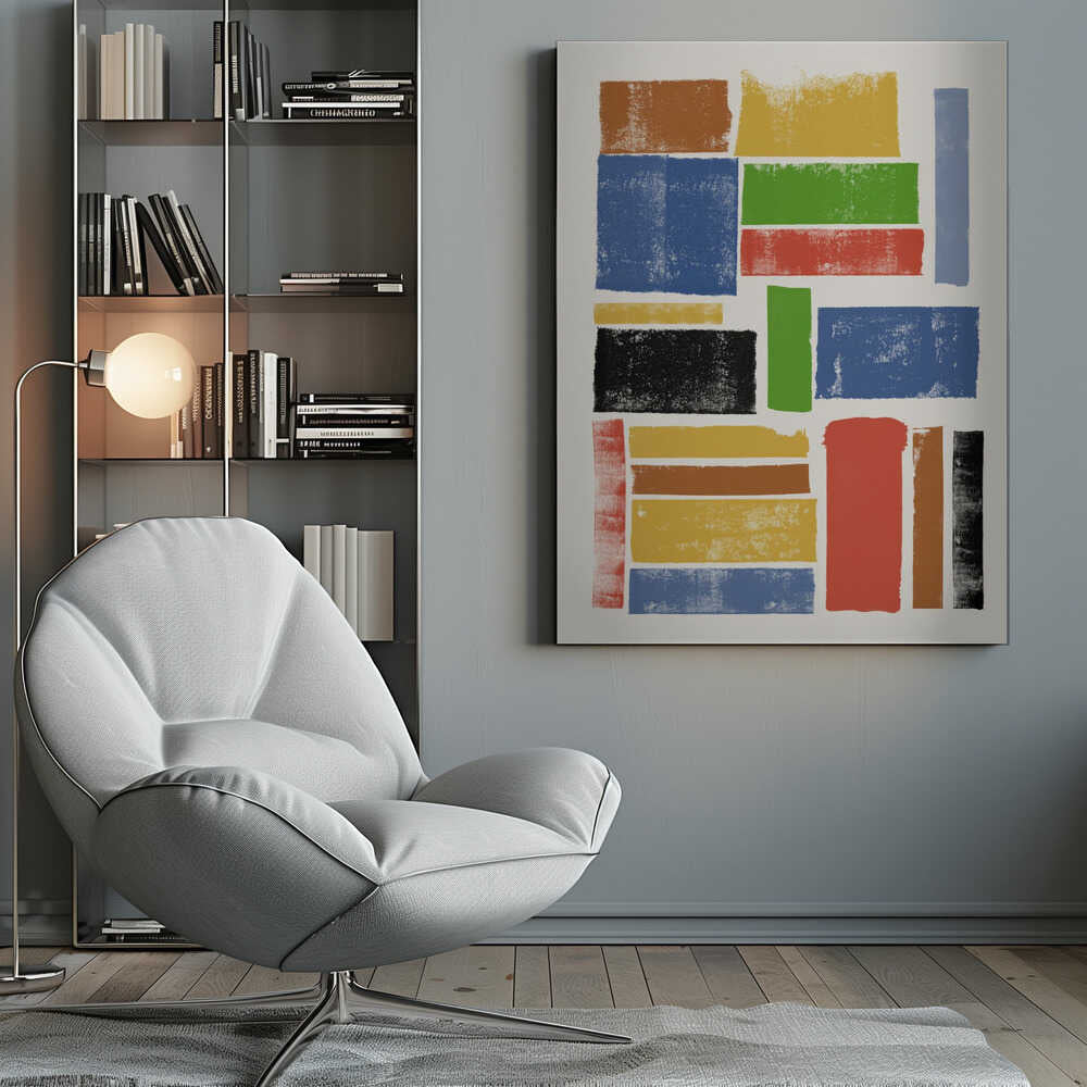 An abstract art piece featuring a collection of textured, rectangular blocks of various colors and sizes on an off-white background, all within a black frame. The colors include primary shades of blue, yellow, and red, along with green, black, and brown, arranged in a non-uniform grid. Wall Art