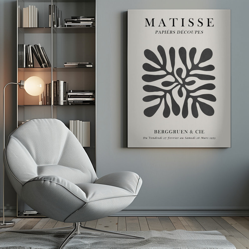 A framed black and white exhibition poster for Matisse's 'Papiers Découpés' at Berggruen & Cie in 1953. The poster features a central abstract black cutout shape resembling a sea plant on an off-white background with black serif typography. Poster