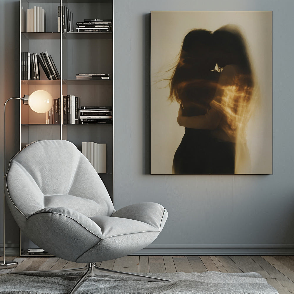 An artistic, long-exposure photograph of two silhouetted figures embracing. Their forms are blurred with motion, and streaks of warm, golden light wash over them against a soft, off-white background, creating a dreamy and intimate mood. Decor