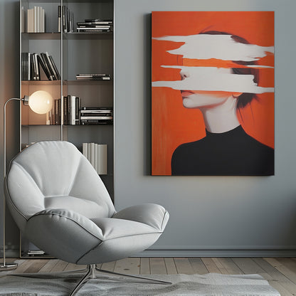 Abstract portrait of a woman in a black turtleneck against a vibrant orange background. Her face is obscured by thick, horizontal white brushstrokes, revealing only parts of her nose and lips. Artwork