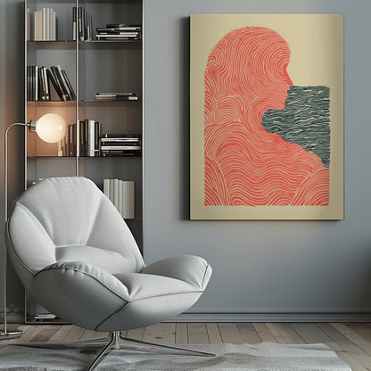 A framed abstract illustration in a woodblock print style. It depicts the silhouette of a person in profile, rendered in flowing red-orange lines, looking towards a rectangular block of dark blue wavy lines that suggest water. The background is a solid cream color. Poster