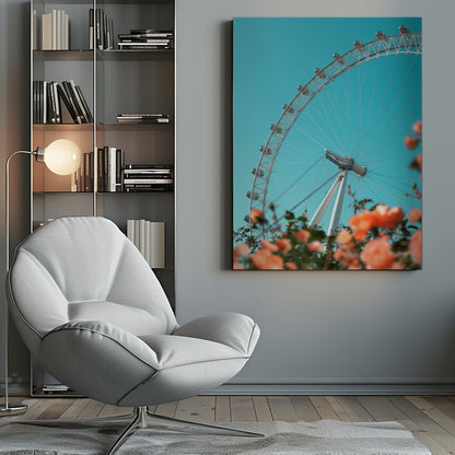A low-angle shot of the London Eye ferris wheel against a clear, vibrant teal sky. In the foreground, out-of-focus orange flowers create a soft, colorful frame. Poster
