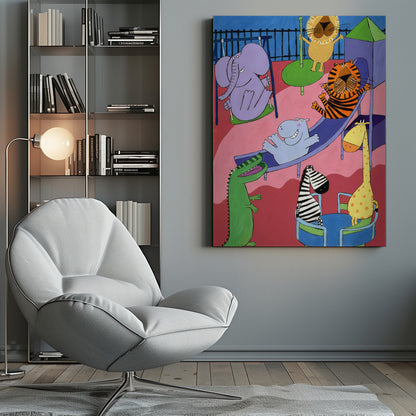 A colorful and playful cartoon illustration of various zoo animals having fun at a playground. A purple elephant is on a swing, a lion on a roundabout, a tiger and a hippo are going down a slide, and a zebra and a giraffe are on a spinning ride, all rendered in a whimsical, child-like style. Artwork