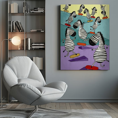 A whimsical painting of a crowd of cartoon zebras joyfully skateboarding in a colorful skatepark. The background is sectioned into pastel yellow, teal, and lavender, with purple ramps scattered about. The zebras have stylized, elongated bodies and are shown in various dynamic poses on red and yellow skateboards. Poster