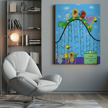 A whimsical children's illustration of various jungle animals, including a giraffe, elephant, tiger, lion, hippo, and crocodile, riding a black rollercoaster against a blue sky. Each animal is in a numbered green car. Below, a hippo, giraffe, and lion are queuing next to a green sign that reads 'Jungle Rollercoaster Fun!'. Poster