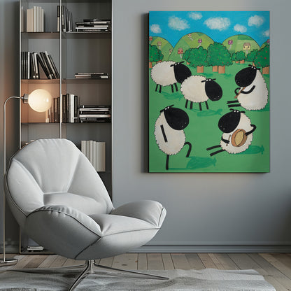 A whimsical, cartoon-style painting of five black and white sheep in a lush green meadow. Two sheep are seated, one playing a flute and the other a drum, while another dances. In the background are rolling green hills dotted with small houses, trees, and a bright blue sky with white clouds. Poster