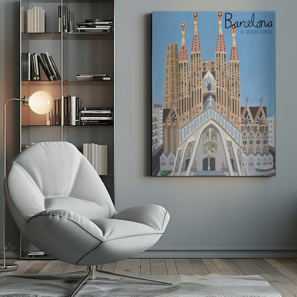 A stylized illustration of the Sagrada Familia in Barcelona, presented as a travel poster. The iconic church with its detailed spires stands against a solid blue sky, with the word 'Barcelona' written in a script font in the top right corner. Wall Art