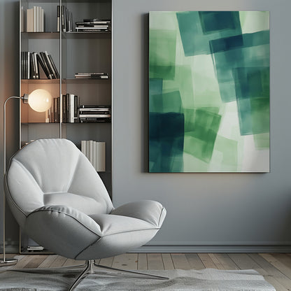 An abstract painting in a black frame, featuring overlapping, semi-transparent squares in shades of green and dark teal against a light green background, creating a layered, watercolor-like effect. Artwork