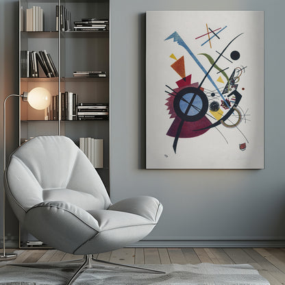 An abstract artwork by Wassily Kandinsky titled 'Small Worlds I', featuring a dynamic composition of colorful geometric shapes like circles, triangles, and lines in blue, red, yellow, and green against a white background, all framed in black. Wall Art