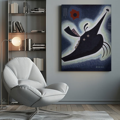 An abstract painting by Wassily Kandinsky featuring a large, black, creature-like shape floating against a deep blue background. The shape is outlined in a white and pale green glow and has a long, pointed proboscis. A vibrant red, flower-like form is visible in the upper left, along with various geometric lines and shapes, creating a dynamic and otherworldly composition. Artwork