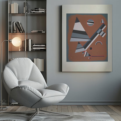 An abstract geometric artwork featuring a collection of triangles, circles, and lines in shades of grey, black, and white, set against a reddish-brown background. The piece is framed in black with a white mat. Wall Art