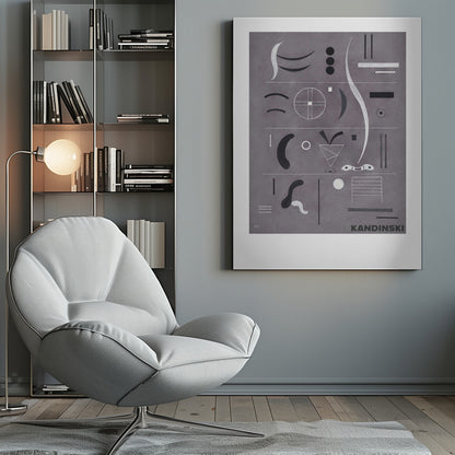 An abstract art print by Wassily Kandinsky, featuring a collection of geometric and organic shapes in black, white, and silver arranged in horizontal rows against a textured gray background, all within a black frame. Artwork