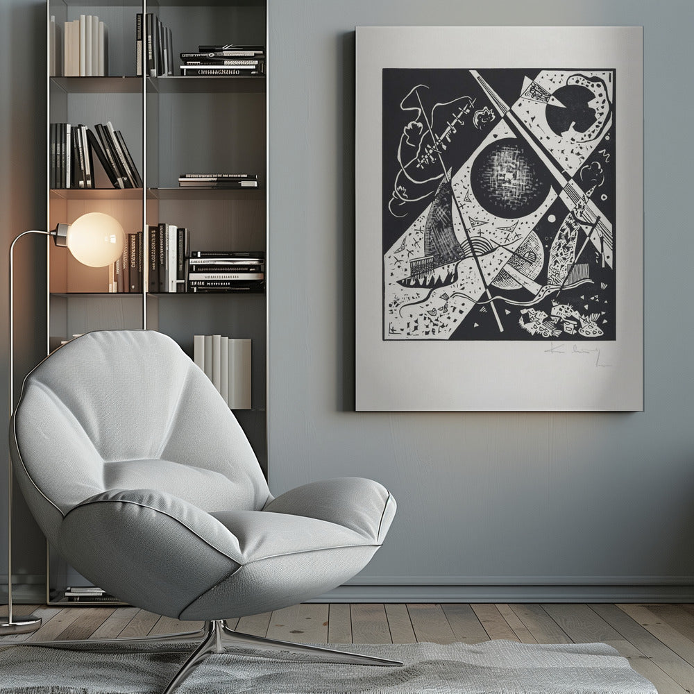 A framed black and white abstract woodcut print by Wassily Kandinsky. The dynamic composition features a mix of geometric shapes like circles and triangles, intersected by strong diagonal lines. Various textures and patterns fill the space, creating a sense of depth and movement. The artist's signature is visible in pencil on the white mat in the bottom right corner. Print