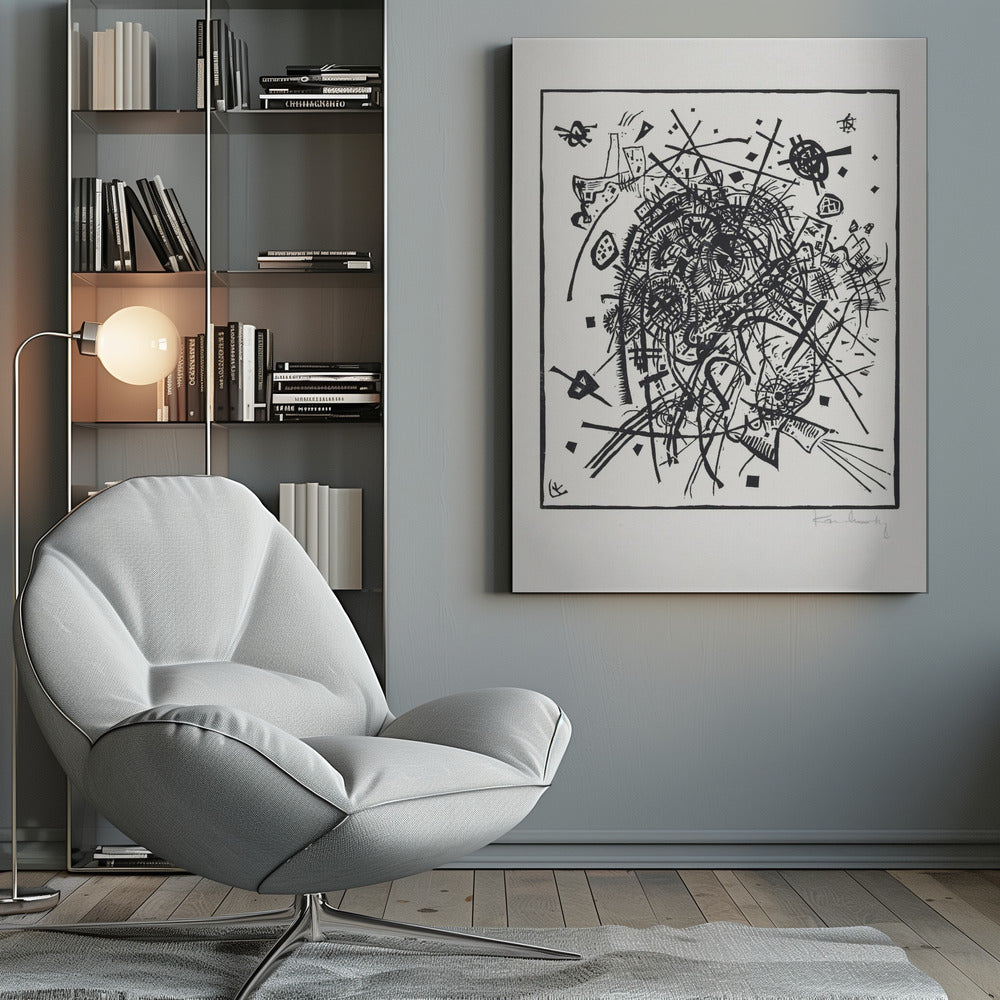 A framed black and white abstract artwork by Wassily Kandinsky. The piece is a chaotic and energetic composition of intersecting lines, geometric shapes, and scribbled textures, all densely packed into the center of the square frame. The artist's signature is visible in the lower right corner. Poster