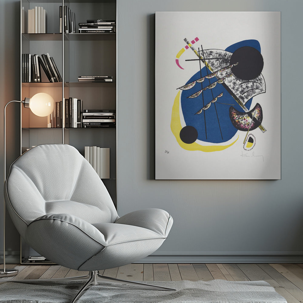 An abstract lithograph by Wassily Kandinsky in a black frame. The composition on a white background features a large central blue shape, a prominent black circle, and intersecting black lines. Accents of yellow, magenta, and speckled textures add complexity to the dynamic arrangement of geometric and organic forms. Decor