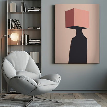 A minimalist abstract illustration of a figure with a pink cube for a head against a pale pink background. The figure is a solid black silhouette, and the cube has one side shaded in a darker, dusty rose, creating a sense of three-dimensionality. Poster