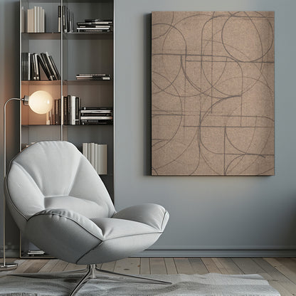 An abstract artwork in a black frame featuring a complex pattern of hand-drawn circles and intersecting straight lines in dark grey on a textured, light brown background. Print