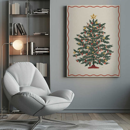A vintage-style illustration of a decorated Christmas tree on a cream background, framed by a wavy red border and a black outer frame. The green tree is adorned with red and gold baubles, candy canes, small gold stars, and strings of lights, with a larger gold star at the very top. Poster