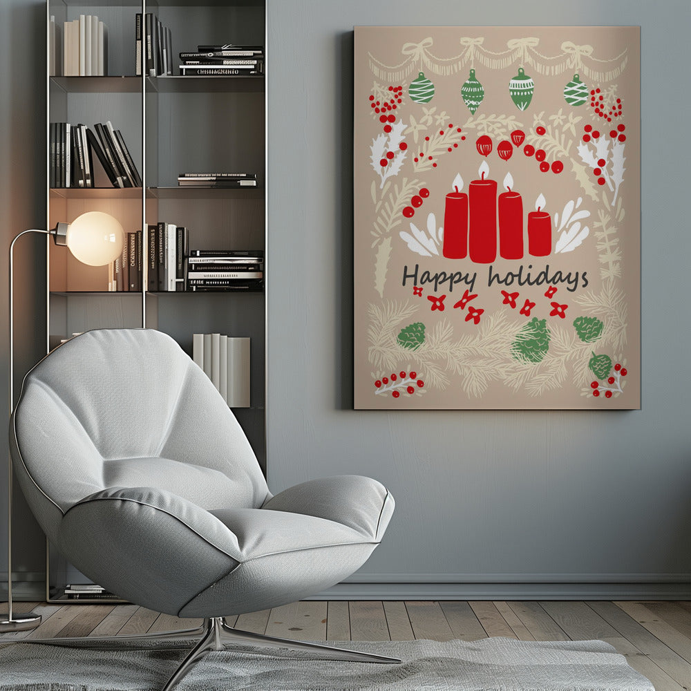 happy holidays - folk art illustration - Poster / Art Print