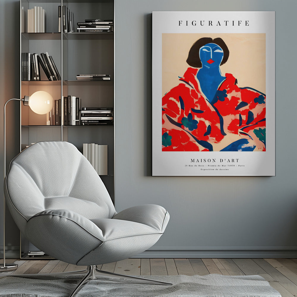 A vintage-style art exhibition poster with 'FIGURATIFE' at the top. The central artwork is an abstract portrait of a woman with a blue face and black hair, wearing a bold red floral patterned robe against a beige background. Below, text reads 'MAISON D'ART' and gives exhibition details. Artwork