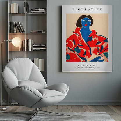 A vintage-style art exhibition poster with 'FIGURATIFE' at the top. The central artwork is an abstract portrait of a woman with a blue face and black hair, wearing a bold red floral patterned robe against a beige background. Below, text reads 'MAISON D'ART' and gives exhibition details. Artwork