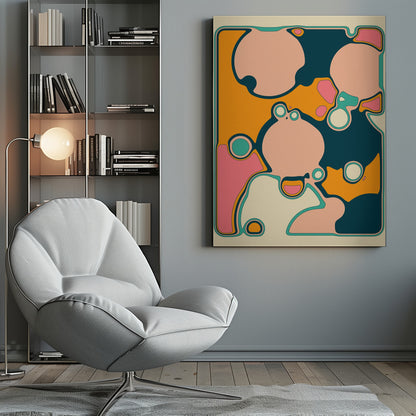 A retro-style abstract artwork featuring organic, rounded shapes in shades of pink, cream, orange, and teal. The shapes are outlined in contrasting colors and overlap against a textured orange background, creating a groovy, 70s-inspired psychedelic design framed in black. Decor