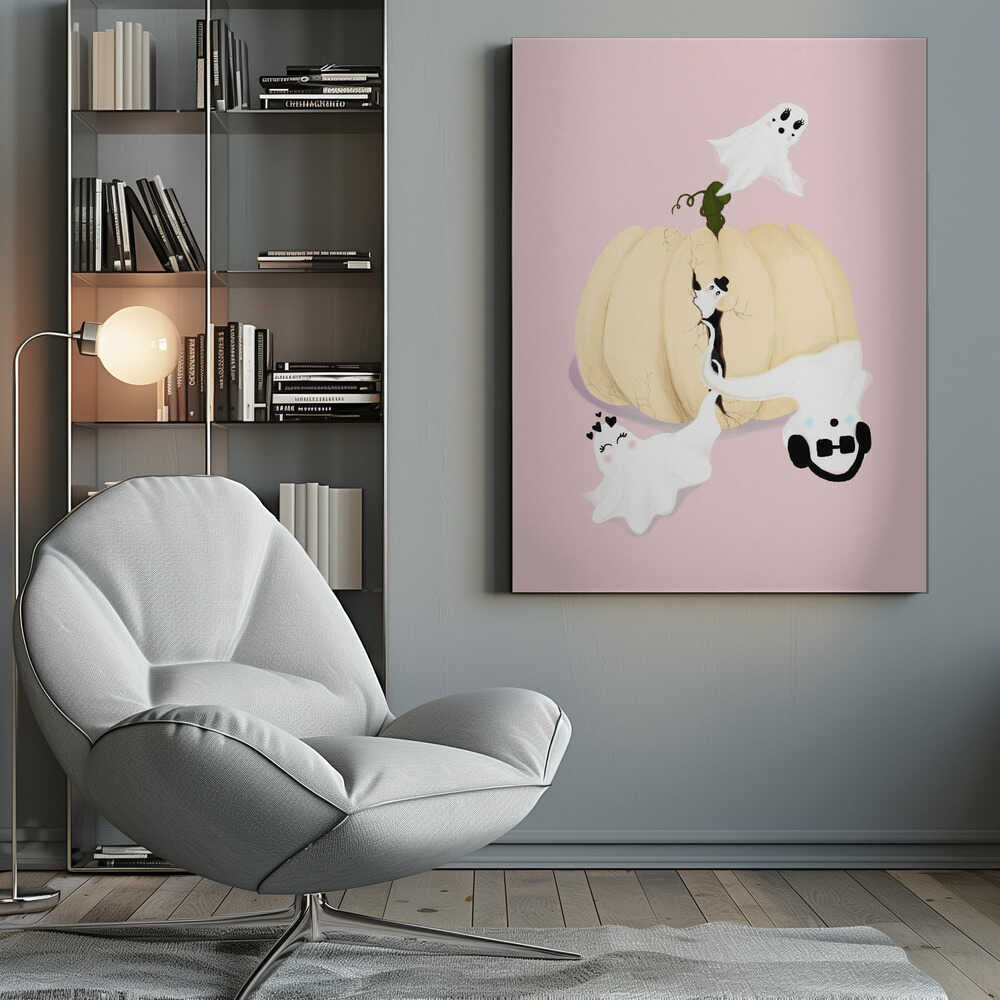 A whimsical Halloween illustration featuring a large, cracked, cream-colored pumpkin on a pale pink background, with four cute, cartoonish white ghosts playfully floating around it. One ghost wears a top hat, another a crown of hearts, a third wears headphones, and the last one has long eyelashes. Wall Art
