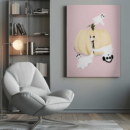 A whimsical Halloween illustration featuring a large, cracked, cream-colored pumpkin on a pale pink background, with four cute, cartoonish white ghosts playfully floating around it. One ghost wears a top hat, another a crown of hearts, a third wears headphones, and the last one has long eyelashes. Wall Art