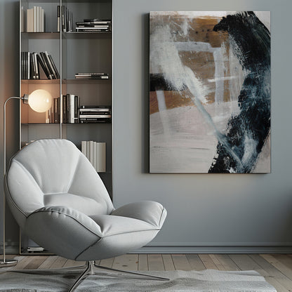 A vertical abstract painting in a black frame, featuring a bold, curved black brushstroke on the right against a layered background of white, grey, and warm brown tones. Expressive white and grey strokes cross the canvas, creating a sense of dynamic texture and depth. Print