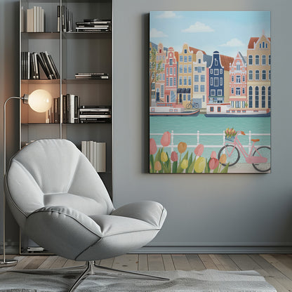 A vibrant illustration of a classic Amsterdam scene, featuring a row of colorful, traditional canal houses next to a turquoise waterway with boats. In the foreground, a pink bicycle with a basket of flowers stands near a bed of pink and yellow tulips. Print