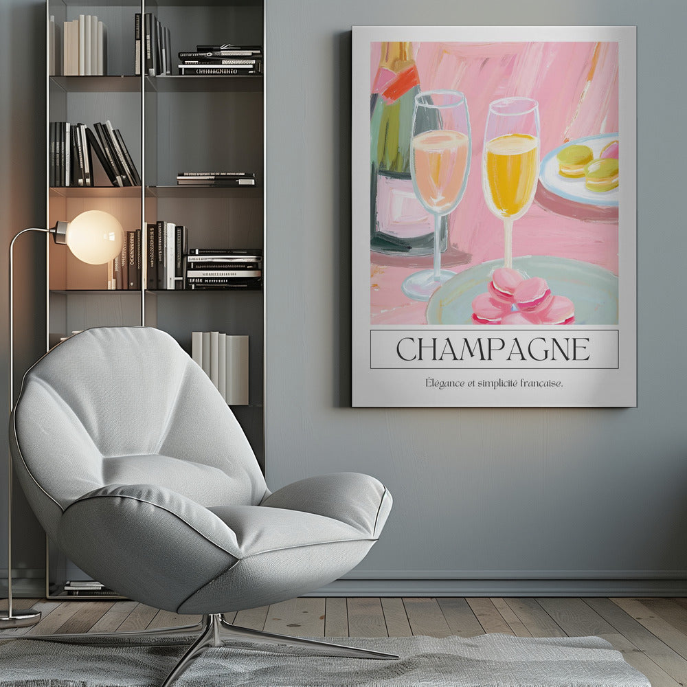 A painterly illustration of a champagne celebration with a pink background. The poster features a champagne bottle, two flutes of champagne, and plates of pink and green macarons. Below the image, the word 'CHAMPAGNE' is written in a classic font, with the French phrase 'Élégance et simplicité française' underneath. Decor