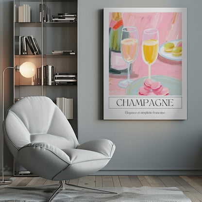 A painterly illustration of a champagne celebration with a pink background. The poster features a champagne bottle, two flutes of champagne, and plates of pink and green macarons. Below the image, the word 'CHAMPAGNE' is written in a classic font, with the French phrase 'Élégance et simplicité française' underneath. Decor