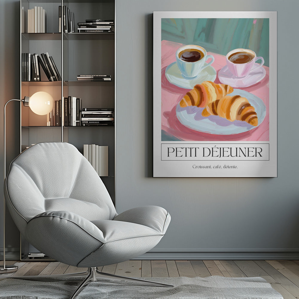 A painterly illustration of a French breakfast poster. The scene depicts two croissants on a light blue plate and two cups of coffee on a pink tablecloth against a teal background. Below the image, text reads 'PETIT DÉJEUNER' and 'Croissant, café, détente.' Print