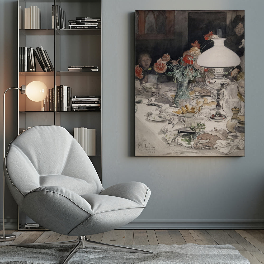 A vintage watercolor painting by C.L. Sundborn from 1900, depicting an intimate family dinner scene. A large, white oil lamp provides a warm glow over a cluttered dining table set with dishes, bread, and a vase of red poppies. Figures of children are partially visible around the table, their faces illuminated against a dark background. Print