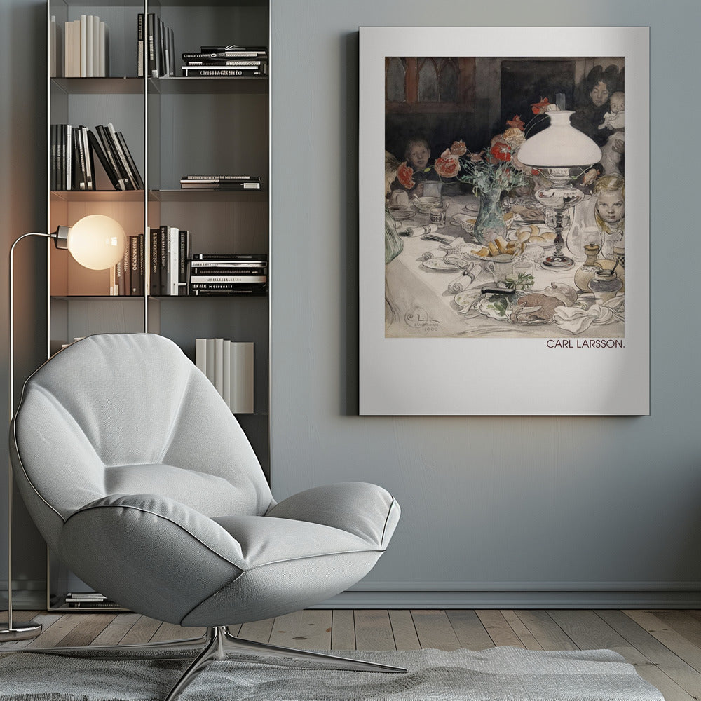 A classic watercolor painting by Carl Larsson from 1900, showing a family enjoying a festive meal around a dining table. A large white lamp illuminates the scene, highlighting the cluttered table with dishes, food, and a vase of red flowers. Several children and adults, including a woman holding a baby, are seated at the table in a warm, domestic setting. Decor