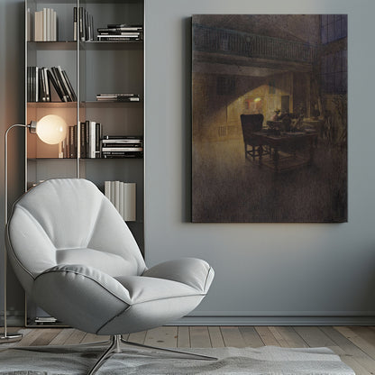 A moody, atmospheric drawing of a dimly lit artist's studio at night. A single warm light source illuminates a desk and a high-backed chair, casting a strong triangular beam of light against a paneled wall, while the rest of the spacious, two-story room remains in deep shadow. Decor