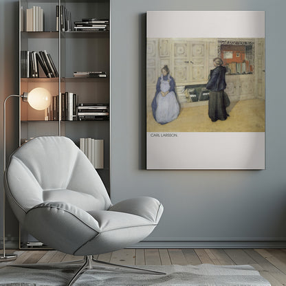 A vintage painting by Carl Larsson depicting a domestic interior. A woman in a blue dress and white apron sits against a large cream cabinet, while another woman in a dark dress stands with her back to the viewer, looking at an open shelf of books within the cabinet. Decor