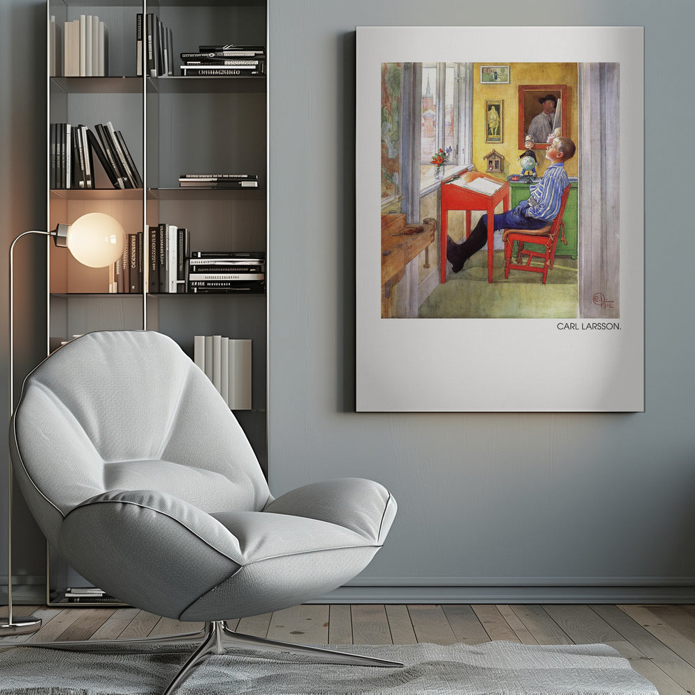 A framed art print of a Carl Larsson painting from 1912. It shows a young boy in a blue and white striped shirt sitting at a red desk in a sunlit, yellow-walled room. He is leaning back in his chair and looking up, as if daydreaming. Through the window, a cityscape with a church steeple is visible. The room is filled with charming details like framed pictures, a small globe, and a wooden workbench. Artwork