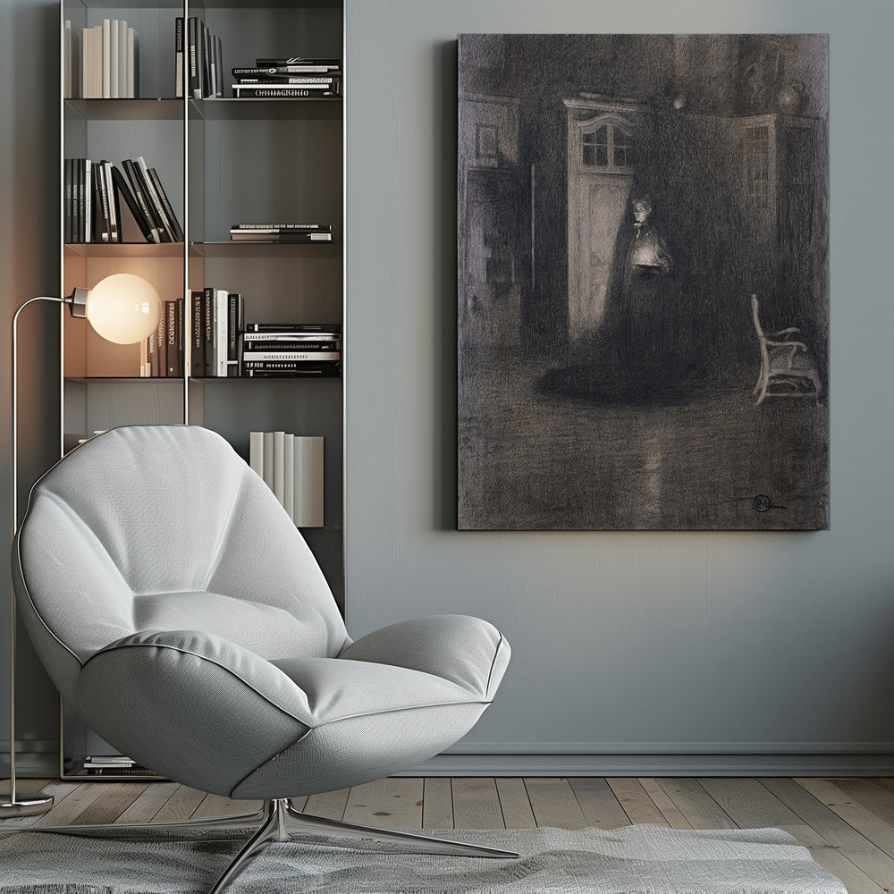 A dark, atmospheric charcoal drawing of a woman in a long, dark cloak standing in a dimly lit room. She holds a small, glowing light source that illuminates her face and the area around a white door behind her, creating deep shadows that fill the rest of the space. A lone white chair sits in the shadows to the right. Decor