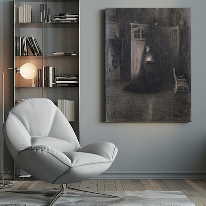 A dark, atmospheric charcoal drawing of a woman in a long, dark cloak standing in a dimly lit room. She holds a small, glowing light source that illuminates her face and the area around a white door behind her, creating deep shadows that fill the rest of the space. A lone white chair sits in the shadows to the right. Decor