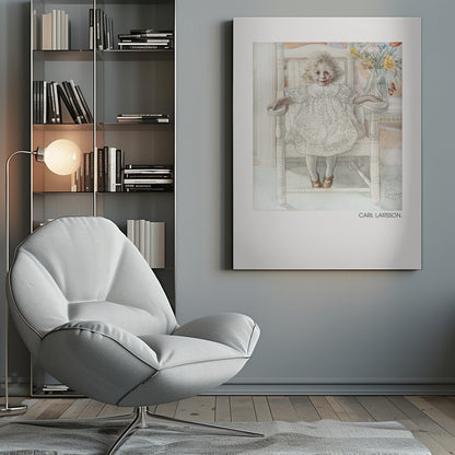 A framed art print of a watercolor painting by Carl Larsson. The piece features a young, blonde, curly-haired girl with blue eyes sitting in a white wooden chair. She wears a white dotted dress with a lace collar and smiles sweetly. Next to her is a vase of yellow, white, and red flowers. The overall aesthetic is soft, light, and classic. Decor