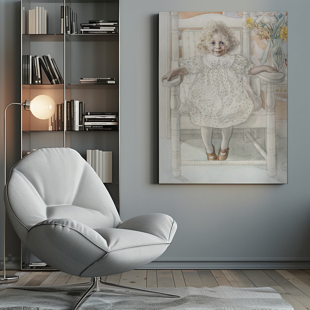 A delicate watercolor portrait of a smiling young girl with curly blonde hair and bright blue eyes, sitting upright in a white rocking chair. She wears a vintage white dotted dress, and a vase of yellow flowers is visible in the background. Artwork