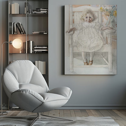 A delicate watercolor portrait of a smiling young girl with curly blonde hair and bright blue eyes, sitting upright in a white rocking chair. She wears a vintage white dotted dress, and a vase of yellow flowers is visible in the background. Artwork