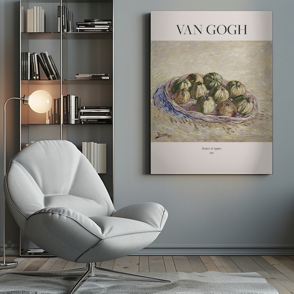 A framed art poster of Vincent van Gogh's 1887 painting, 'Basket of Apples'. The impressionist still life shows a woven basket filled with green and yellow apples on a textured, light yellow background. The poster includes the text 'VAN GOGH' at the top. Print