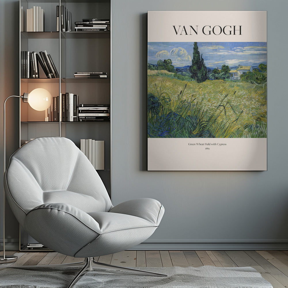 A framed art print of Vincent van Gogh's painting 'Green Wheat Field with Cypress' from 1889. The impressionist painting features a vibrant green and yellow field, a prominent dark cypress tree, and a blue sky with white clouds. The poster has a cream border with 'VAN GOGH' printed at the top and the title and year at the bottom. Poster