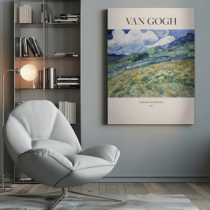 A framed art print of Vincent van Gogh's painting 'Landscape from Saint-Rémy'. The impressionist artwork depicts a vibrant, swirling landscape of green and yellow fields, rolling hills, and a dramatic blue sky with white clouds. The poster includes the artist's name at the top and the title and year at the bottom. Print