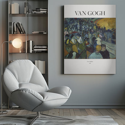 A poster of Vincent van Gogh's 1888 painting 'Les Arenes'. The post-impressionist artwork shows a large, bustling crowd in an arena, painted with expressive brushstrokes in shades of blue, green, and yellow. The poster has 'VAN GOGH' at the top and the title and year at the bottom, all set against a white border and within a black frame. Poster