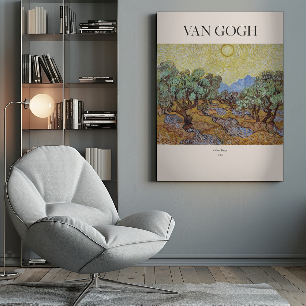 A poster of Vincent van Gogh's painting 'Olive Trees' from 1889. The image depicts a landscape with gnarled olive trees under a bright yellow, swirling sun, with mountains in the background. The poster has a cream border with 'VAN GOGH' at the top and the title and year at the bottom, all within a black frame. Print