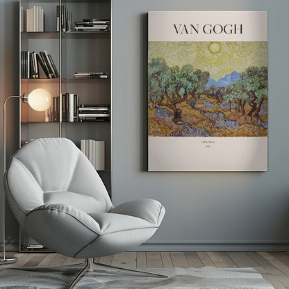 A poster of Vincent van Gogh's painting 'Olive Trees' from 1889. The image depicts a landscape with gnarled olive trees under a bright yellow, swirling sun, with mountains in the background. The poster has a cream border with 'VAN GOGH' at the top and the title and year at the bottom, all within a black frame. Print